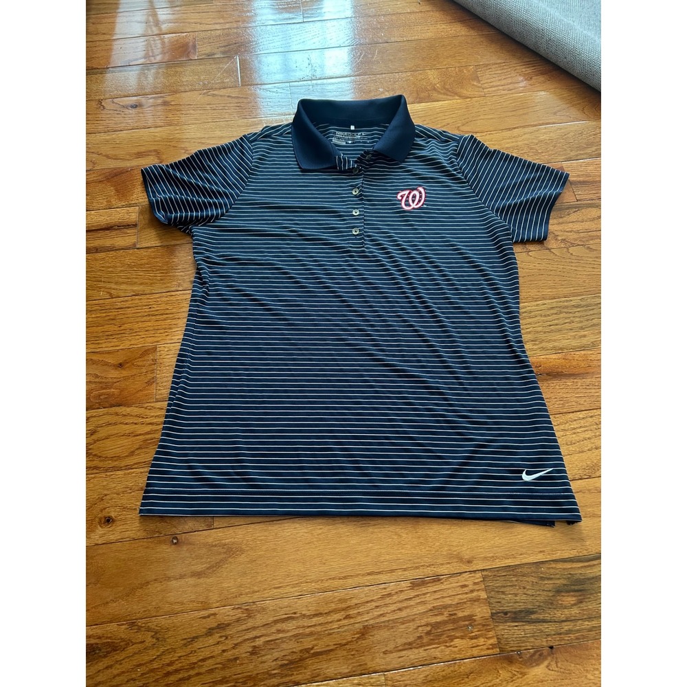 Nike Golf Washington Nationals Polo Shirt Navy Blue Striped Dri-FIT Large